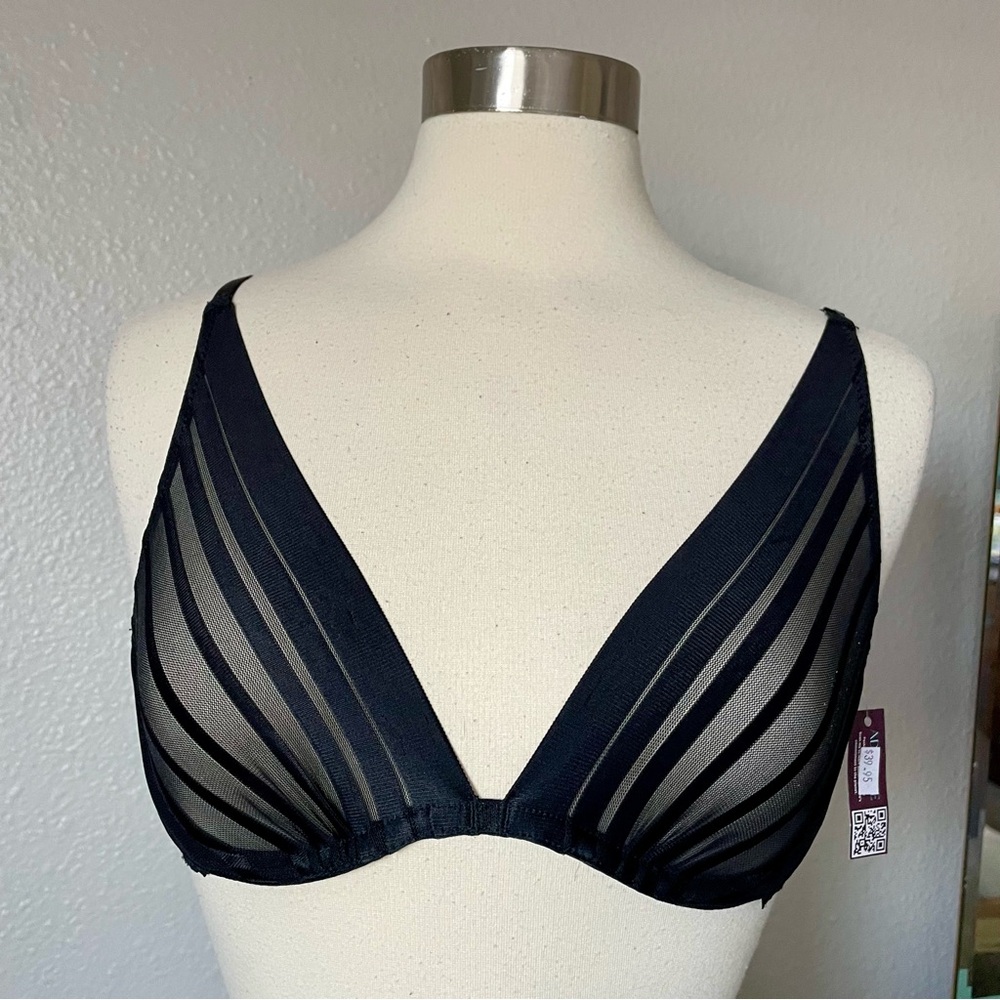 NWT Adore Me Black Sheer Striped Bra Underwire Floral Lace Back 34C